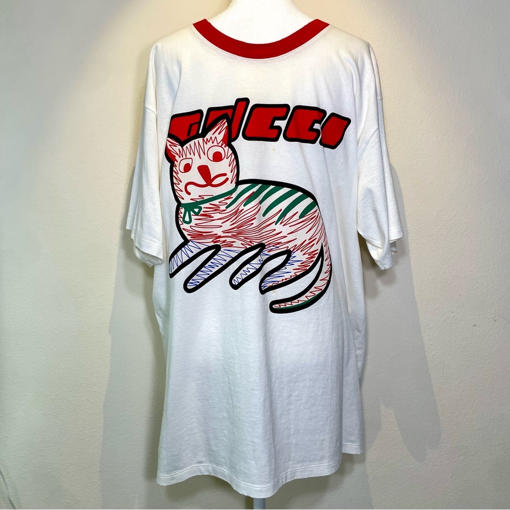 GUCCI Oversized Distressed Cat Print Tee T-Shirt S